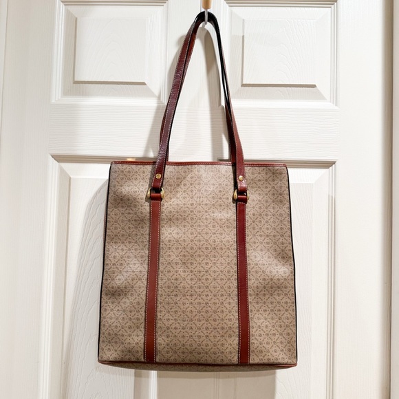 Yoland Monogram Coated Canvas Tote Brown Tan Leather Weekender Large - Picture 5 of 11